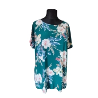 Szmaragdowa bluzka z krótkim rękawem kimono - białe kwiaty